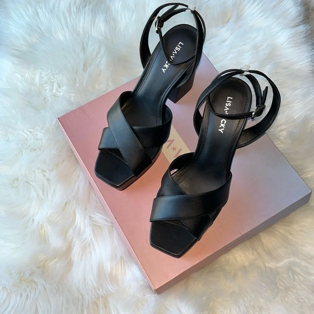 🆕 Lisa Vicky Leather Strappy Platform Heel Sandals Black Size 8